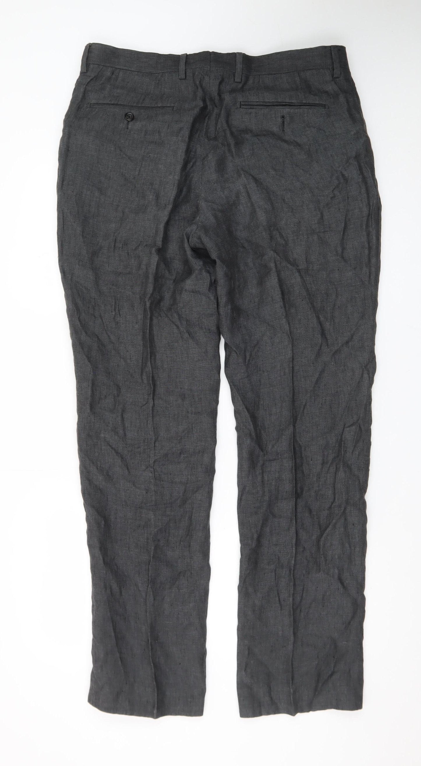 Next Men's Grey Linen Formal Trousers 34L Slim Straight Fit