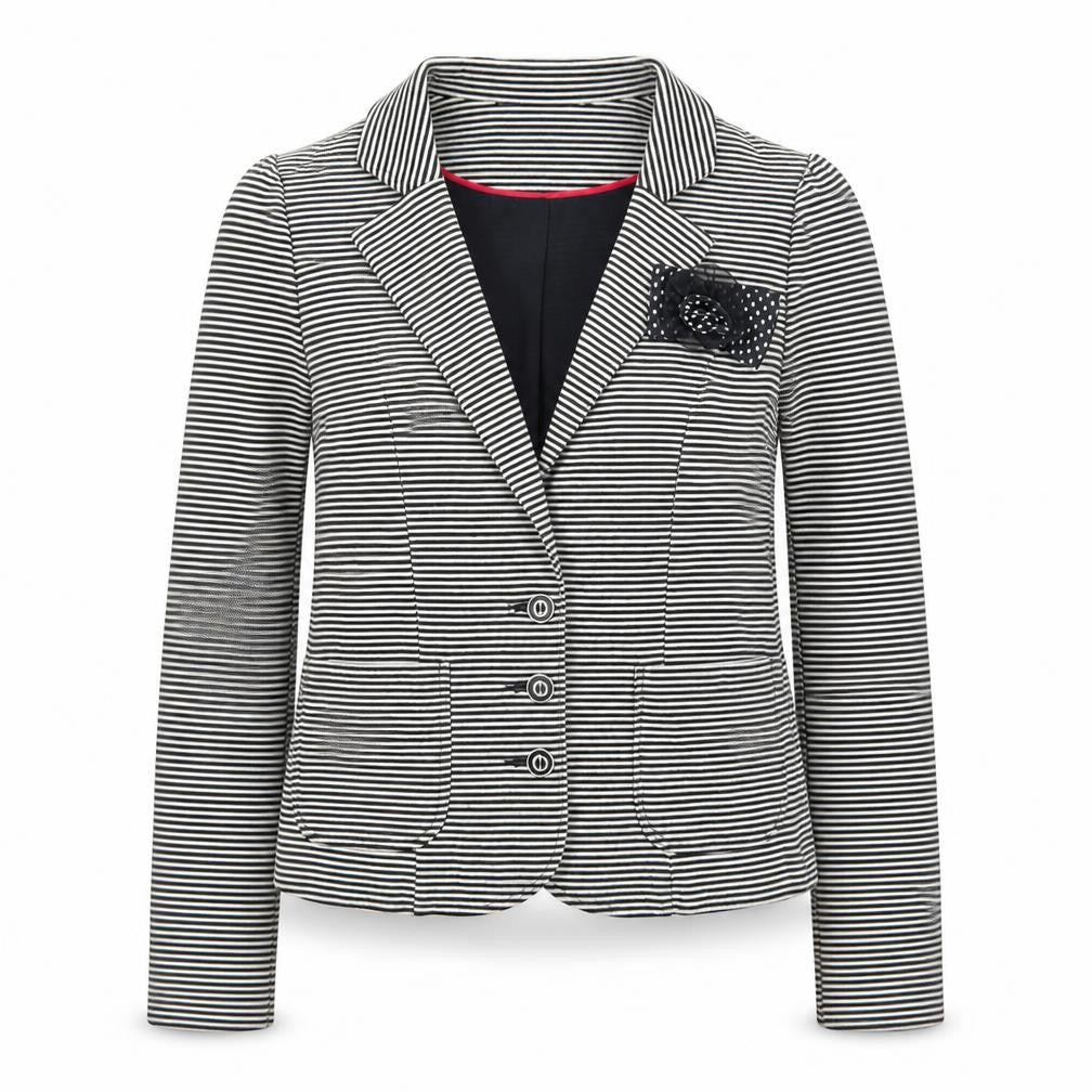 Front view of Red Herring Women Black White Striped Blazer, size 10, Classic Tailored Jacket