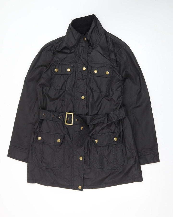 F&F Women's Black Belted Parka Jacket Size 16 Cotton Mid-Length