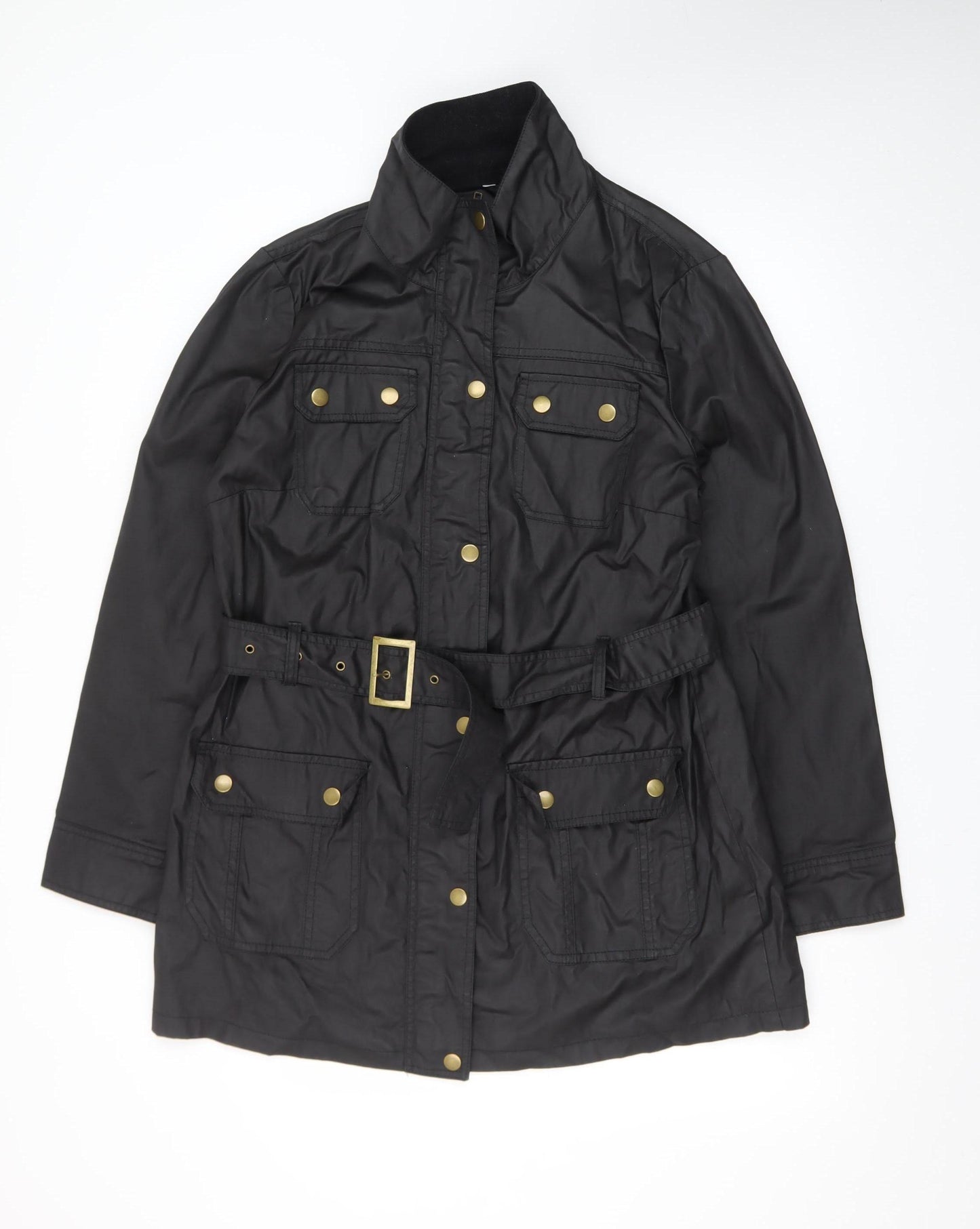 F&F Women's Black Belted Parka Jacket Size 16 Cotton Mid-Length