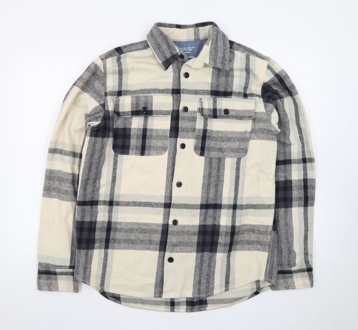 Jack & Jones Men's Beige Checked Twill Button-Up Shirt Size L