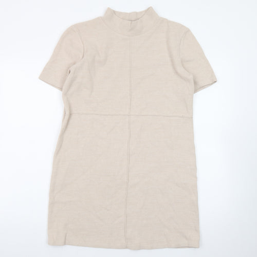 Zara Women Beige Mock Neck Short Sleeve Knit Shift Dress Size 12