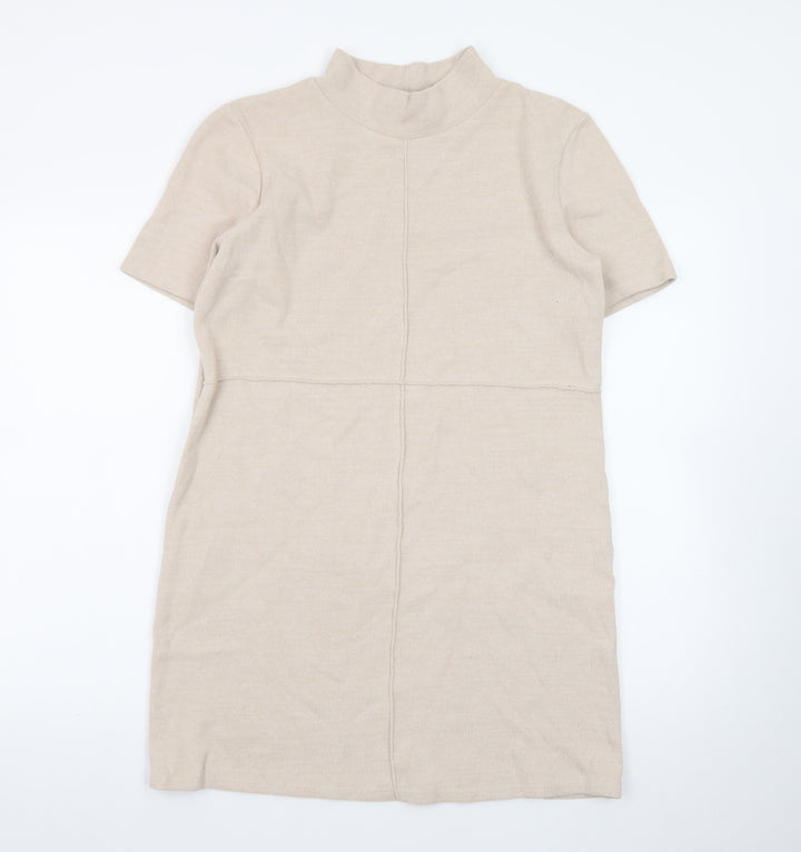 Zara Women Beige Mock Neck Short Sleeve Knit Shift Dress Size 12