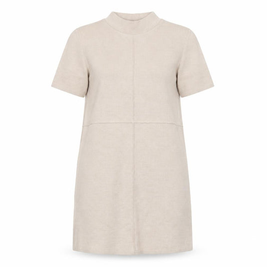 Front view of Zara Women Beige Mock Neck Short Sleeve Knit Shift Dress, size 12