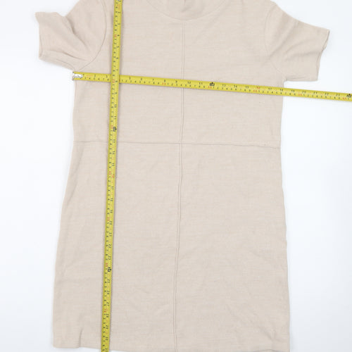 Zara Women Beige Mock Neck Short Sleeve Knit Shift Dress Size 12