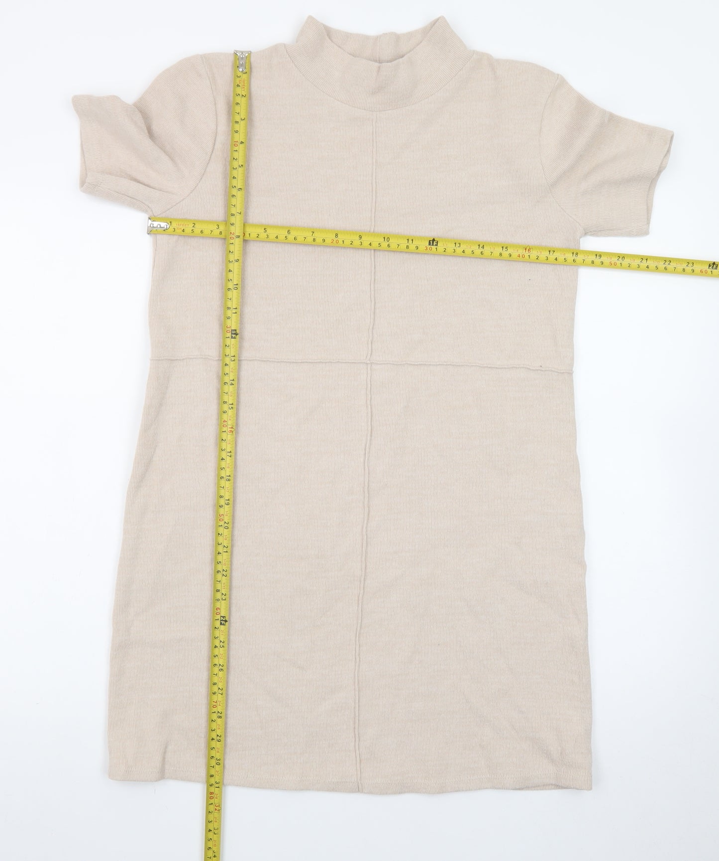 Zara Women Beige Mock Neck Short Sleeve Knit Shift Dress Size 12