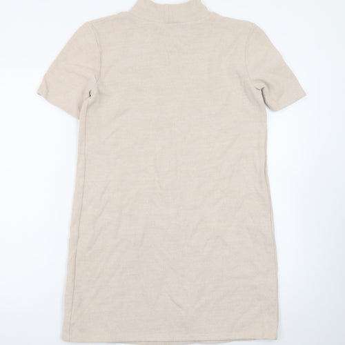 Zara Women Beige Mock Neck Short Sleeve Knit Shift Dress Size 12