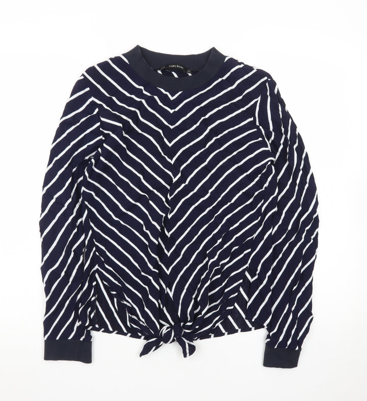 Zara Basic Women's Blue Striped Tie Hem Long Sleeve Blouse Size 12