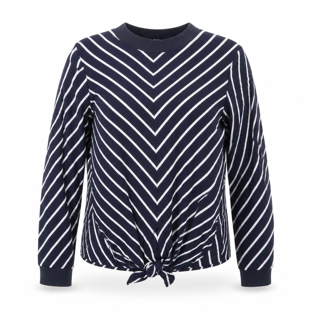 Front view of Zara Basic Women's Blue Striped Tie Hem Long Sleeve Blouse, size 12