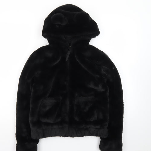 H&M Girls Black Faux Fur Full Zip Hooded Bear Ears Hoodie 10-12 Years