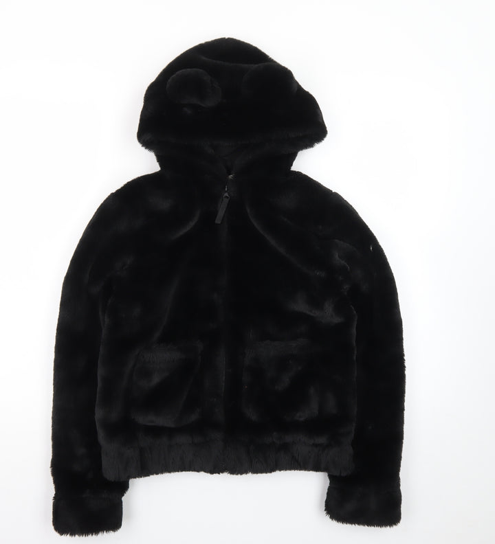 H&M Girls Black Faux Fur Full Zip Hooded Bear Ears Hoodie 10-12 Years