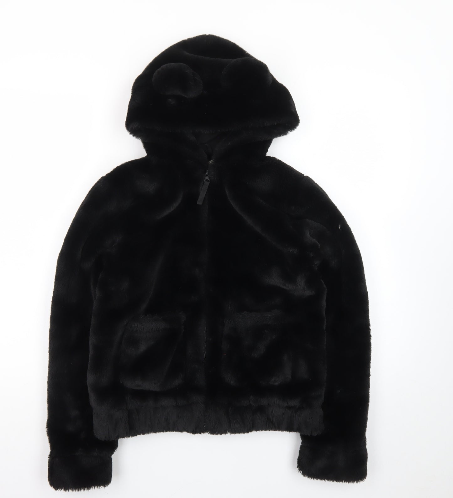 H&M Girls Black Faux Fur Full Zip Hooded Bear Ears Hoodie 10-12 Years