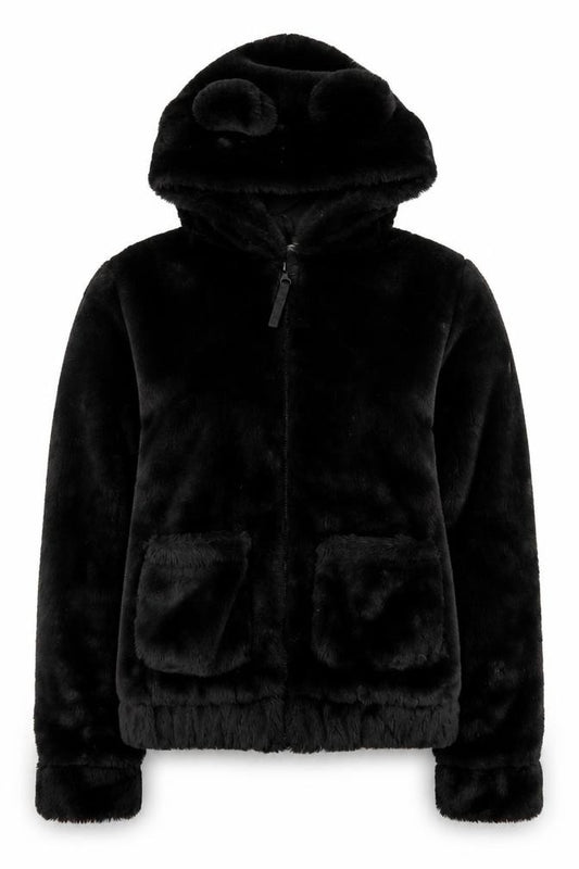 Front view of H&M girls’ black faux fur full zip hooded bear ears hoodie 10-12 years