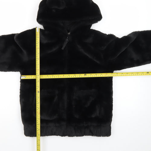 H&M Girls Black Faux Fur Full Zip Hooded Bear Ears Hoodie 10-12 Years