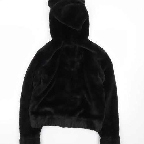 H&M Girls Black Faux Fur Full Zip Hooded Bear Ears Hoodie 10-12 Years