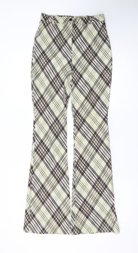 Topshop Womens Beige Check Flared Trousers Size 8 Stretch Cotton