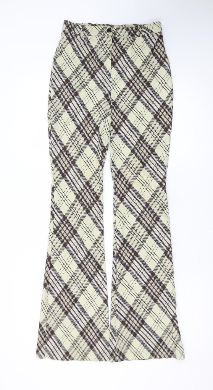 Topshop Womens Beige Check Flared Trousers Size 8 Stretch Cotton