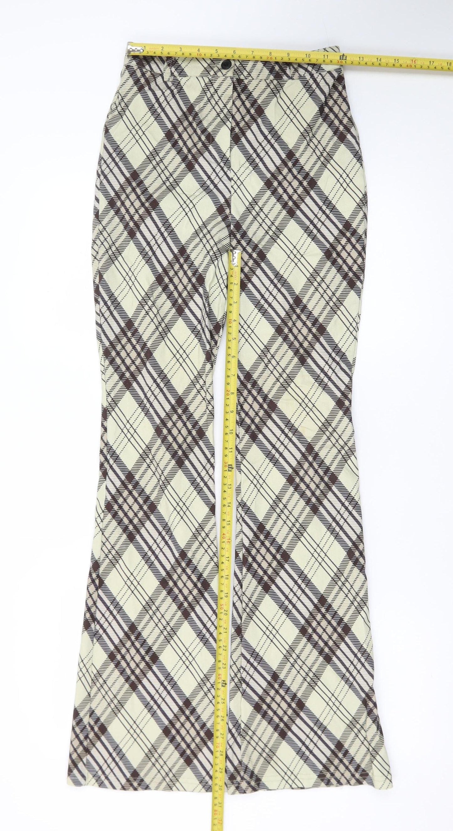 Topshop Womens Beige Check Flared Trousers Size 8 Stretch Cotton