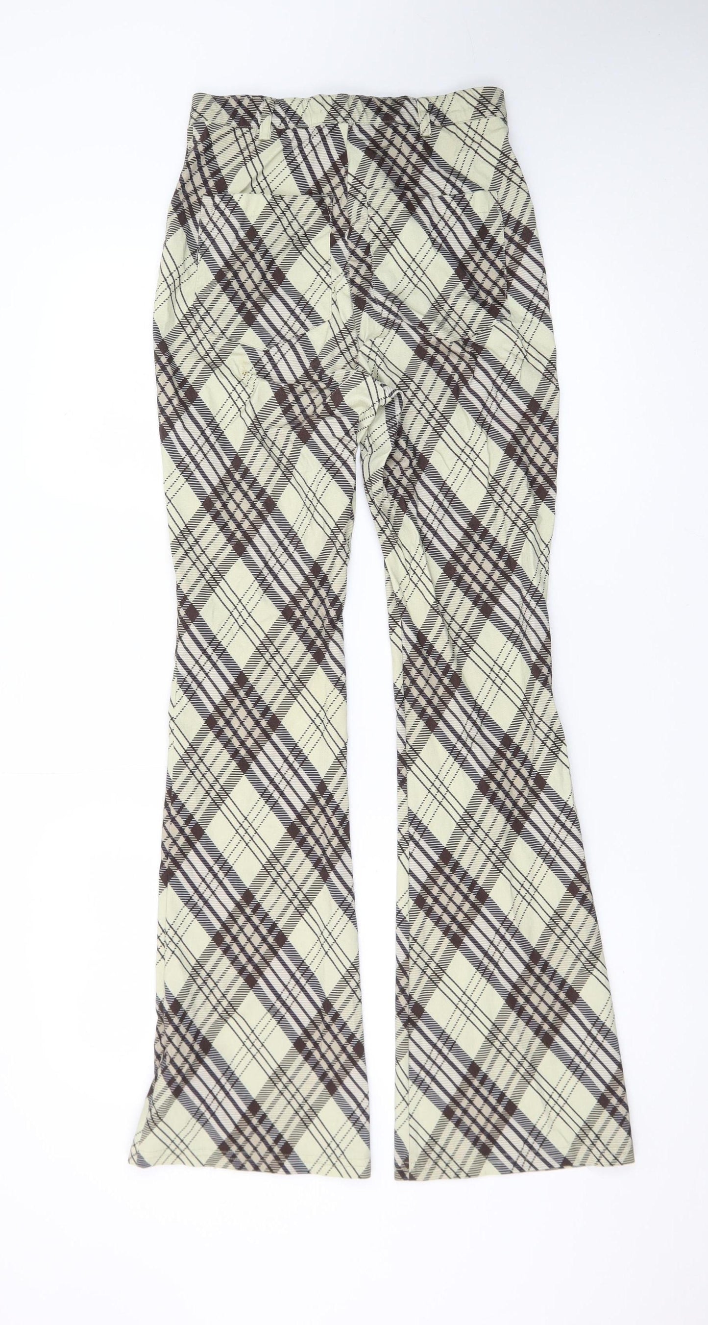 Topshop Womens Beige Check Flared Trousers Size 8 Stretch Cotton