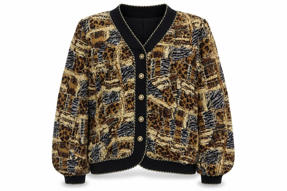 Front view of Teri Jon women’s multicoloured animal print silk bomber jacket, size UK 10