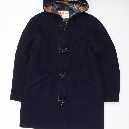 Fox Knapp Men's Blue Wool Duffle Coat Size 40 Hooded Mid-Length