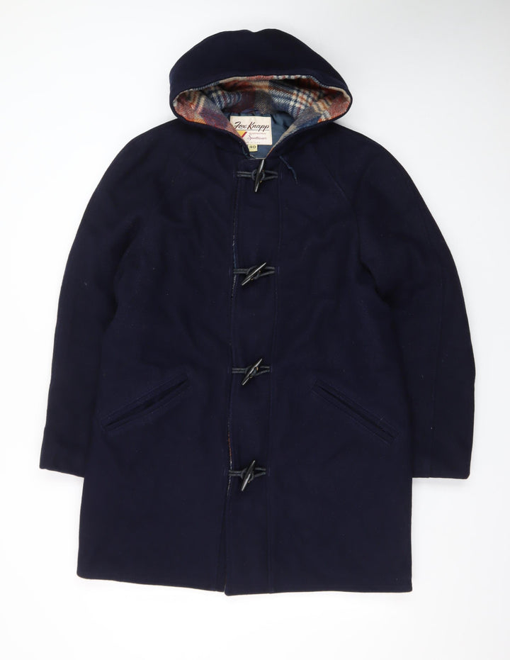 Fox Knapp Men's Blue Wool Duffle Coat Size 40 Hooded Mid-Length