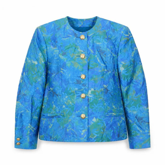 Front view of Mondi Women's Blue Floral Brocade Suit Jacket, size 8, Classic Tailored