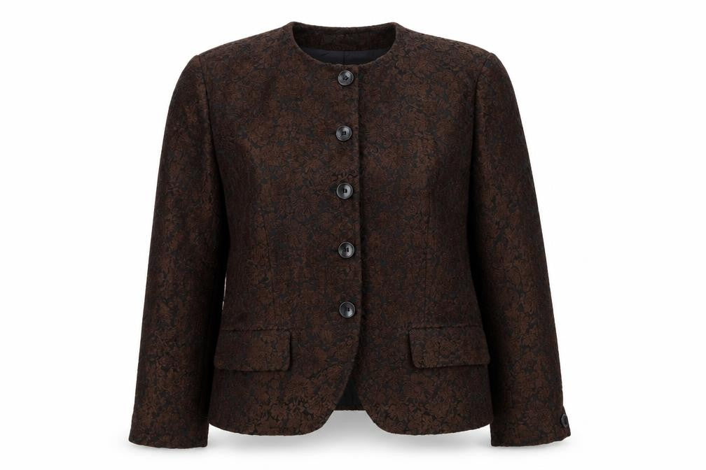 Front view of Jones New York Women Brown Floral Blazer, size M, Lined Buttoned Jacket