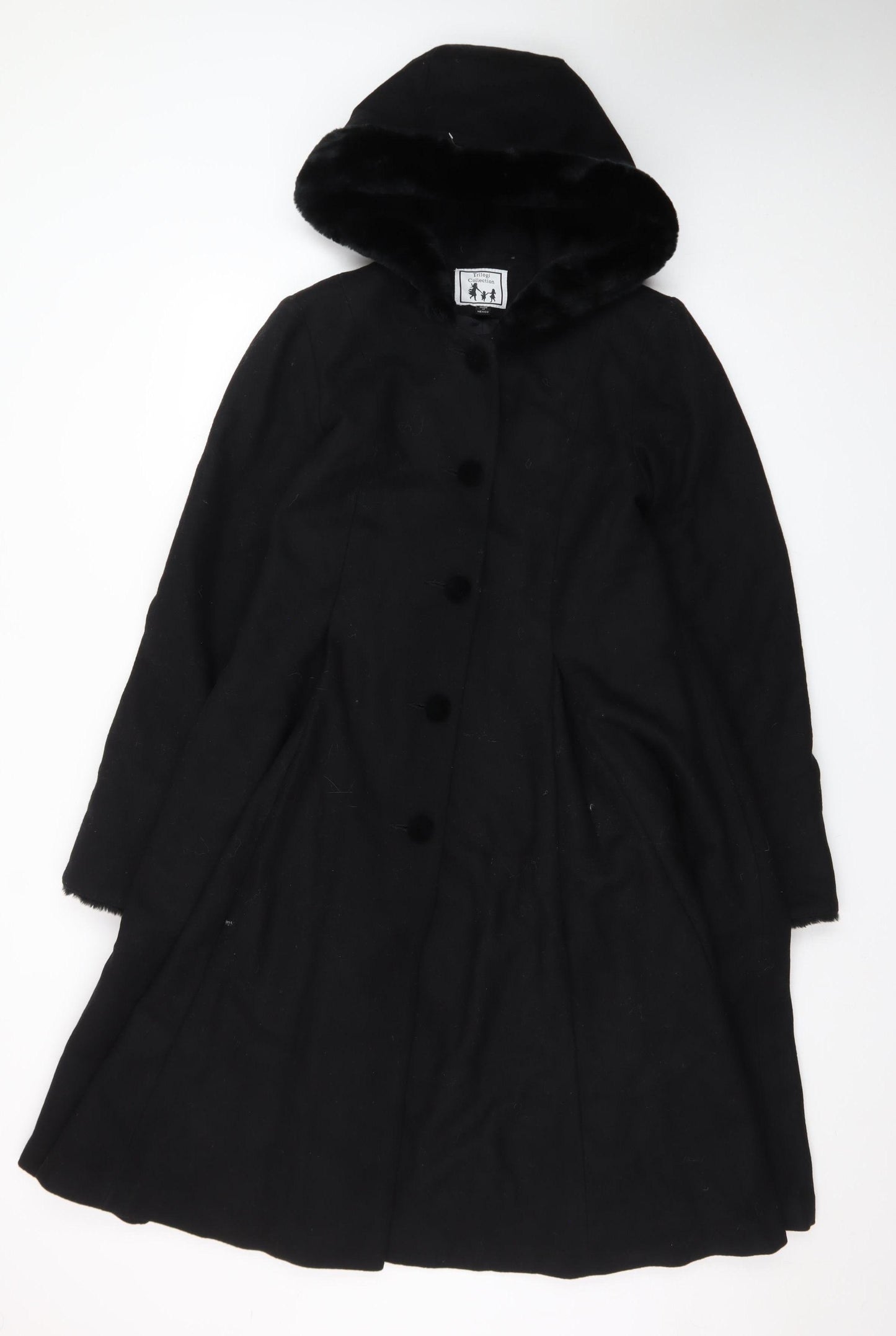 Trilogi Collection Teens Black Wool Hooded Fur Trim Long Coat Size 14