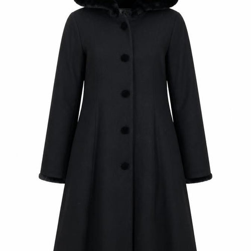 Trilogi Collection Teens Black Wool Hooded Fur Trim Long Coat Size 14