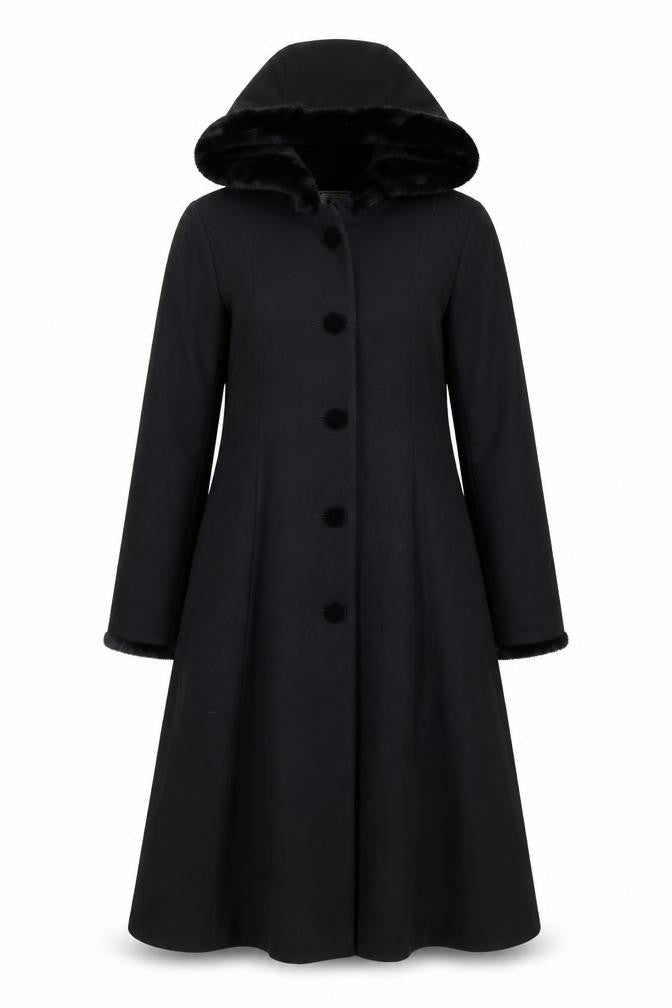 Trilogi Collection Teens Black Wool Hooded Fur Trim Long Coat Size 14