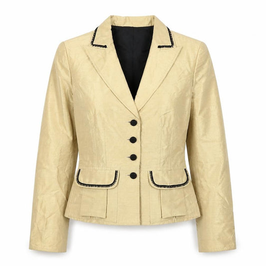 Front view of Kay Unger Women's Beige Silk Single-Breasted Blazer, size 14