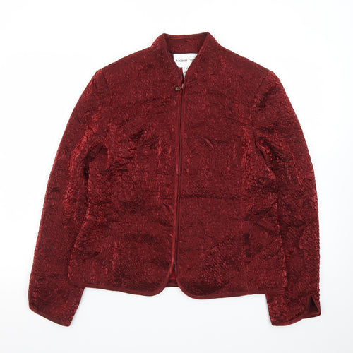 Victor Costa Women’s Red Textured Velvet Jacket Size 12 Classic Zip Front