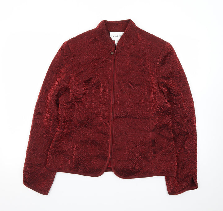 Victor Costa Women’s Red Textured Velvet Jacket Size 12 Classic Zip Front