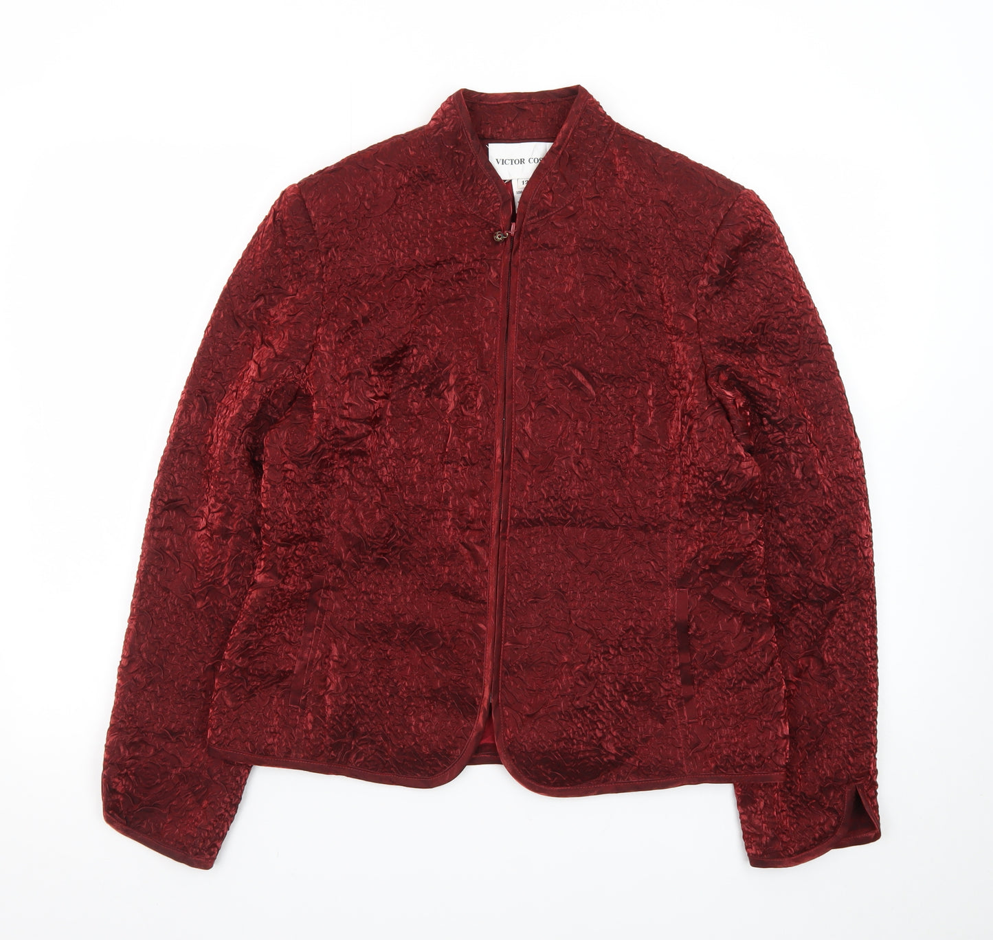 Victor Costa Women’s Red Textured Velvet Jacket Size 12 Classic Zip Front