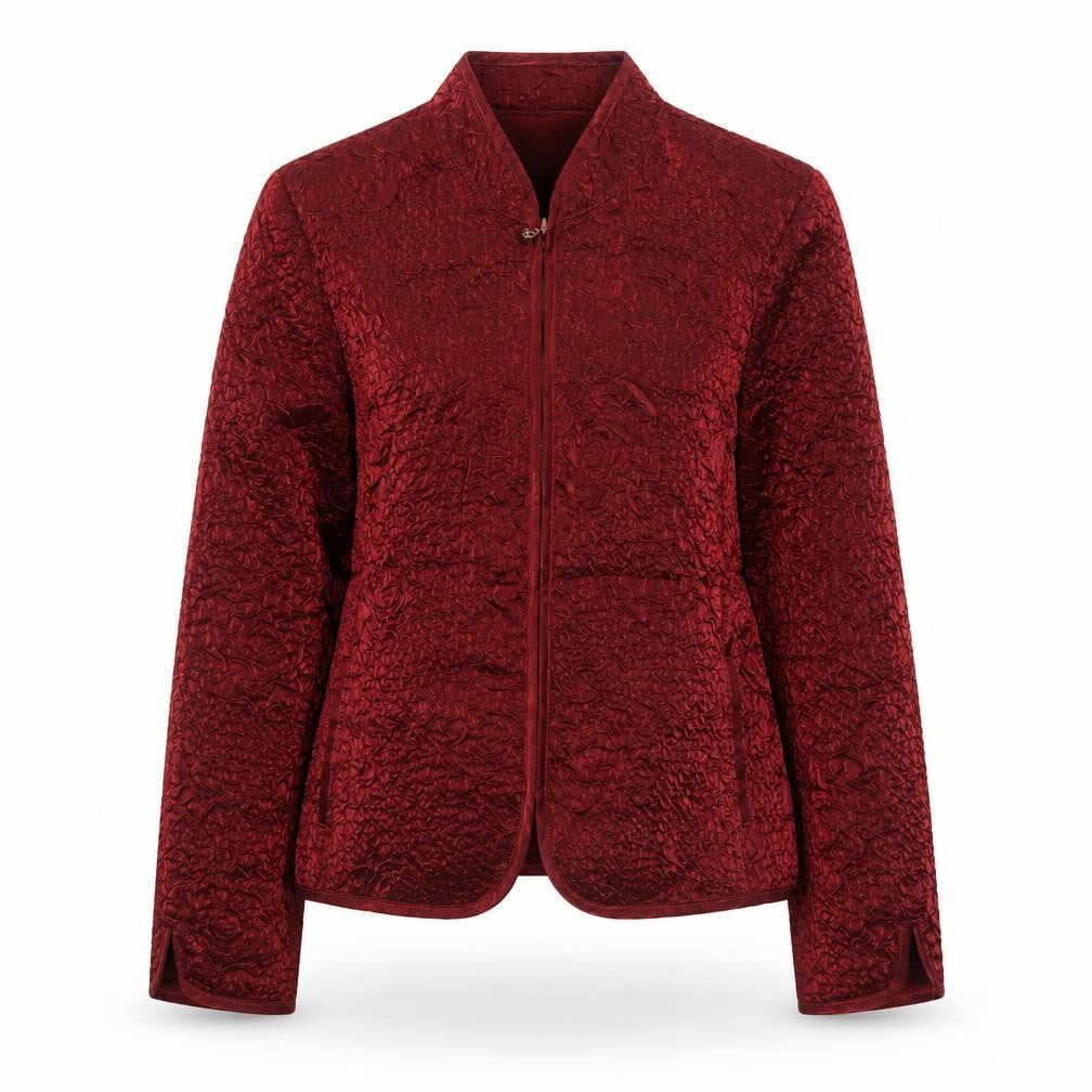 Victor Costa Women’s Red Textured Velvet Jacket Size 12 Classic Zip Front