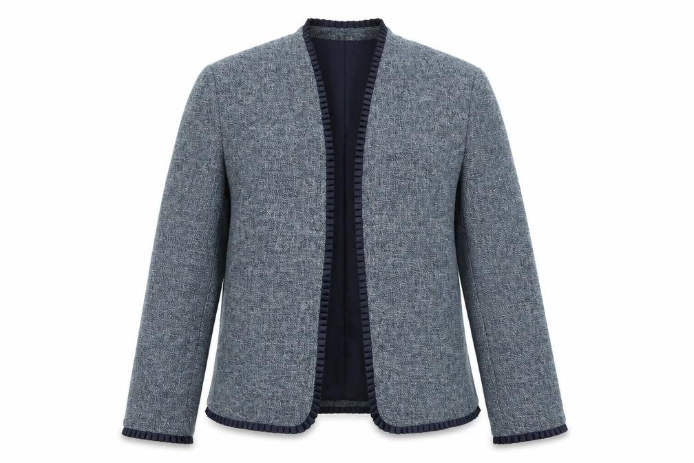 Front view of Dana Kay women’s blue tweed blazer jacket, size UK 12, classic lined workwear