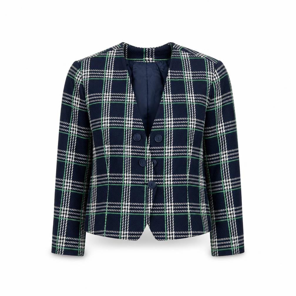 Front view of Koret Petites Blue Check Double-Breasted Blazer Women's, size 10