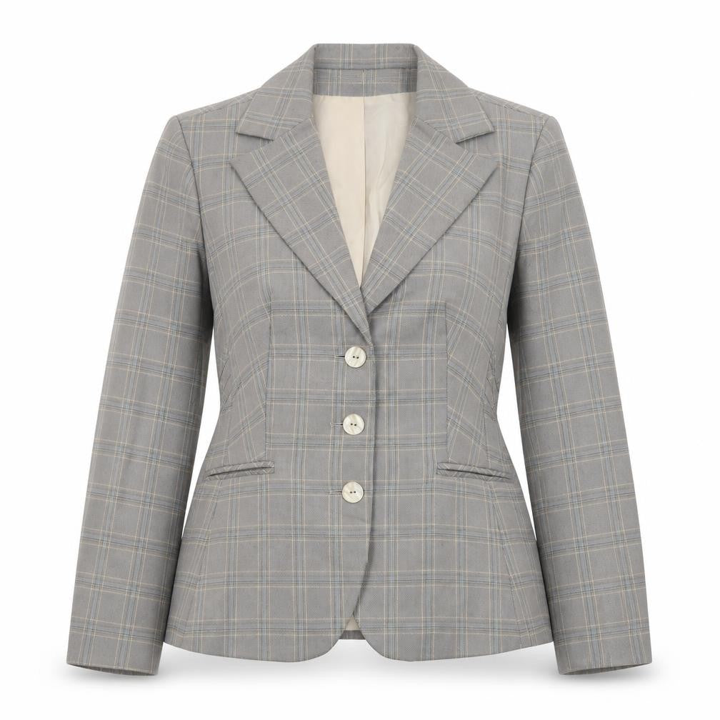 Front view of Larry Levine Classics Women's Grey Check Blazer, size 12, Single-Breasted Lined Jacket