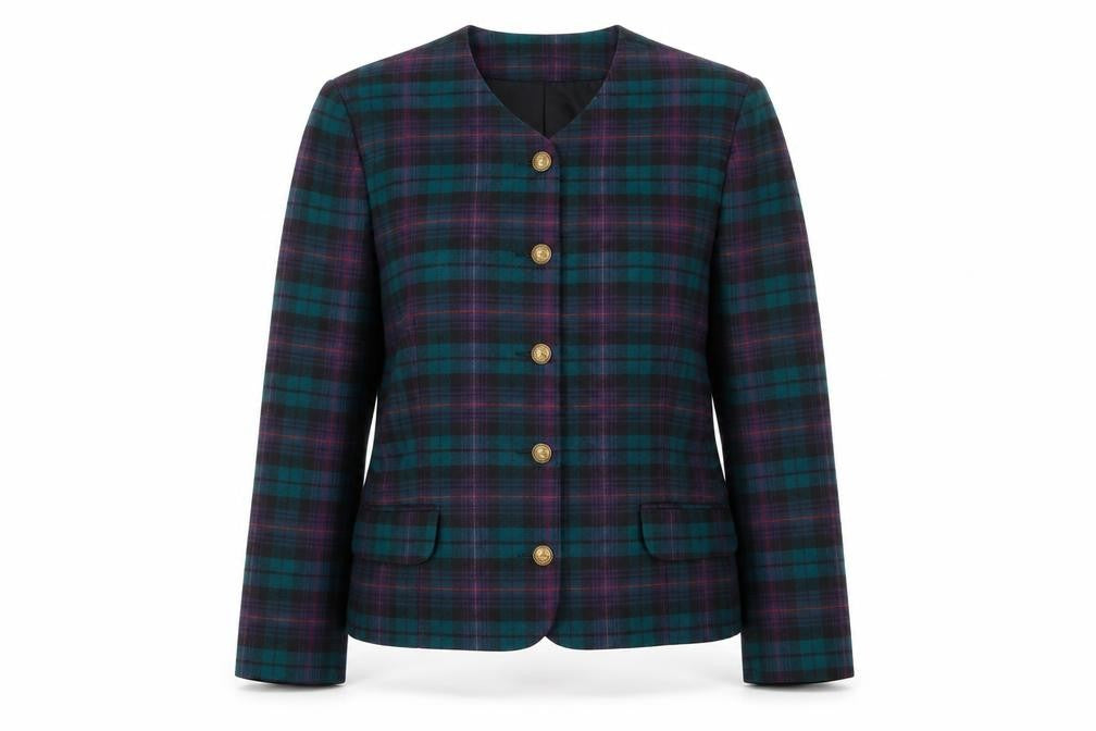 Front view of Alfred Dunner Women's Green Purple Plaid Wool Blend Blazer, size 10