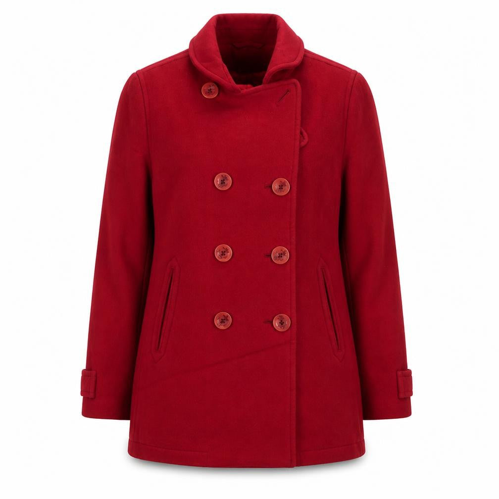 Front view of L.L.Bean women’s red wool pea coat mid-length jacket, size M