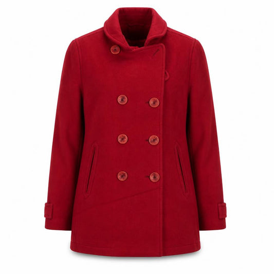 Front view of L.L.Bean women’s red wool pea coat mid-length jacket, size M