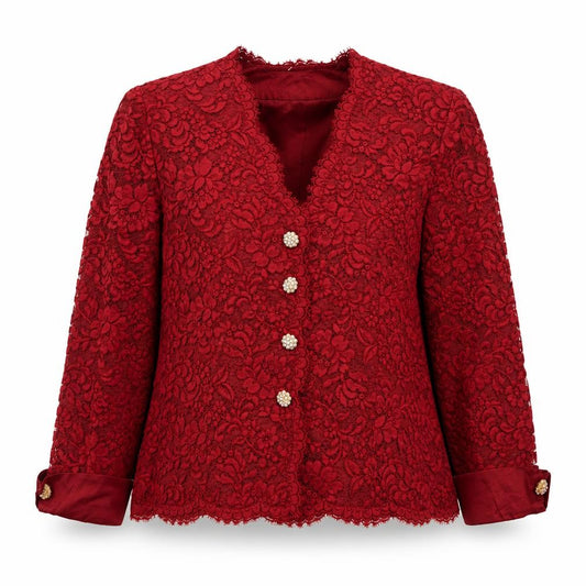 Front view of Rickie Freeman Red Lace Silk Trim Suit Top Women’s, size UK 12