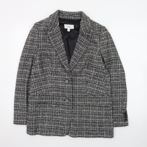 Marks and Spencer Women Black Check Blazer Size 10 Classic Wool Blend