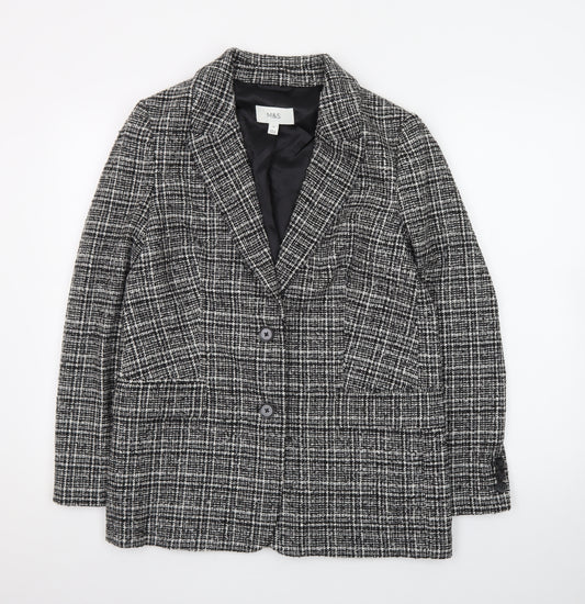 Marks and Spencer Women Black Check Blazer Size 10 Classic Wool Blend
