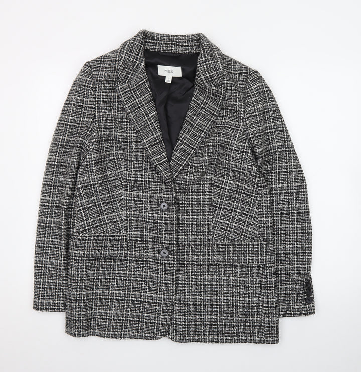 Marks and Spencer Women Black Check Blazer Size 10 Classic Wool Blend