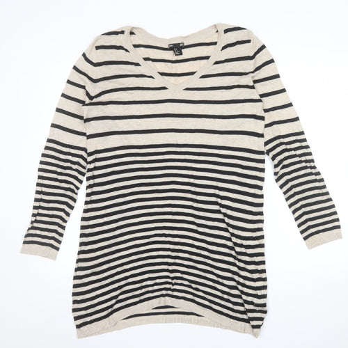 H&M Women’s Beige Striped V-Neck Long Sleeve Knit Jumper Size 12