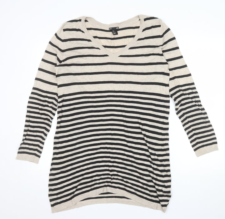 H&M Women’s Beige Striped V-Neck Long Sleeve Knit Jumper Size 12