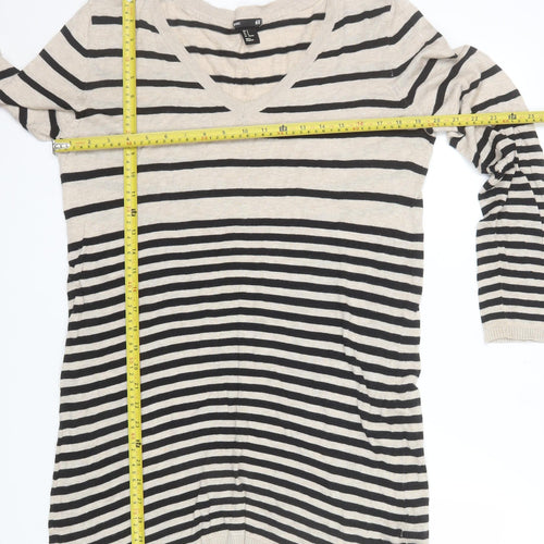 H&M Women’s Beige Striped V-Neck Long Sleeve Knit Jumper Size 12