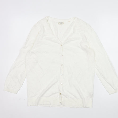 Fat Face Women White Cotton V-Neck Button Cardigan Size 12